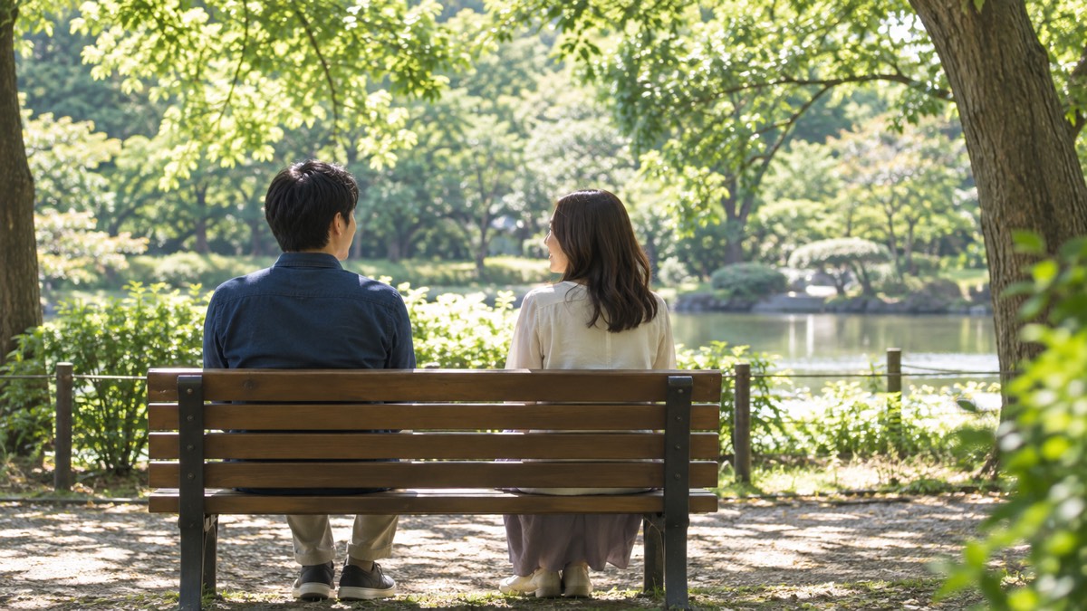 公園のベンチで並んで座り穏やかに話す二人の後ろ姿