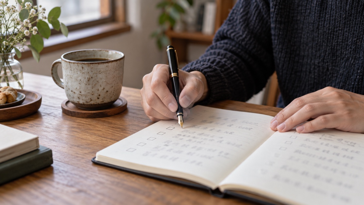 ノートに書き出したチェック項目に印をつけている手元