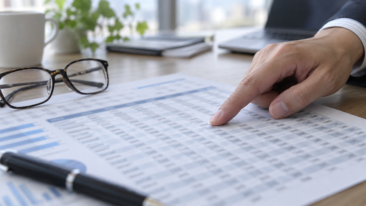 統計資料の表を指でたどって確認している手元