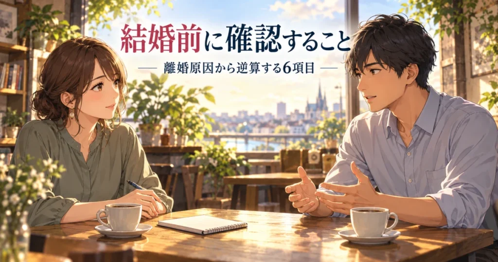 結婚前に確認することを話し合うカップルのイメージ