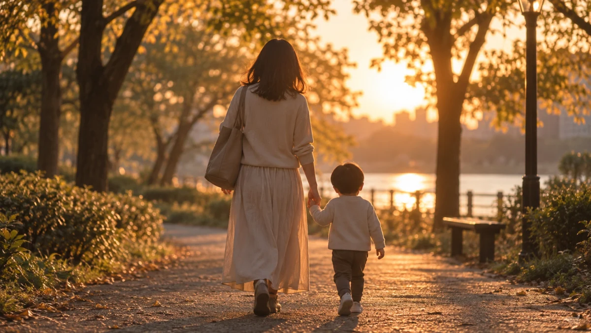 夕暮れの公園を並んで歩く大人と子どもの後ろ姿のシルエット