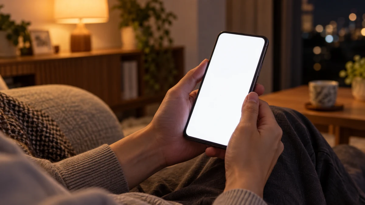夜のリビングでスマートフォンを見ている大人の手元