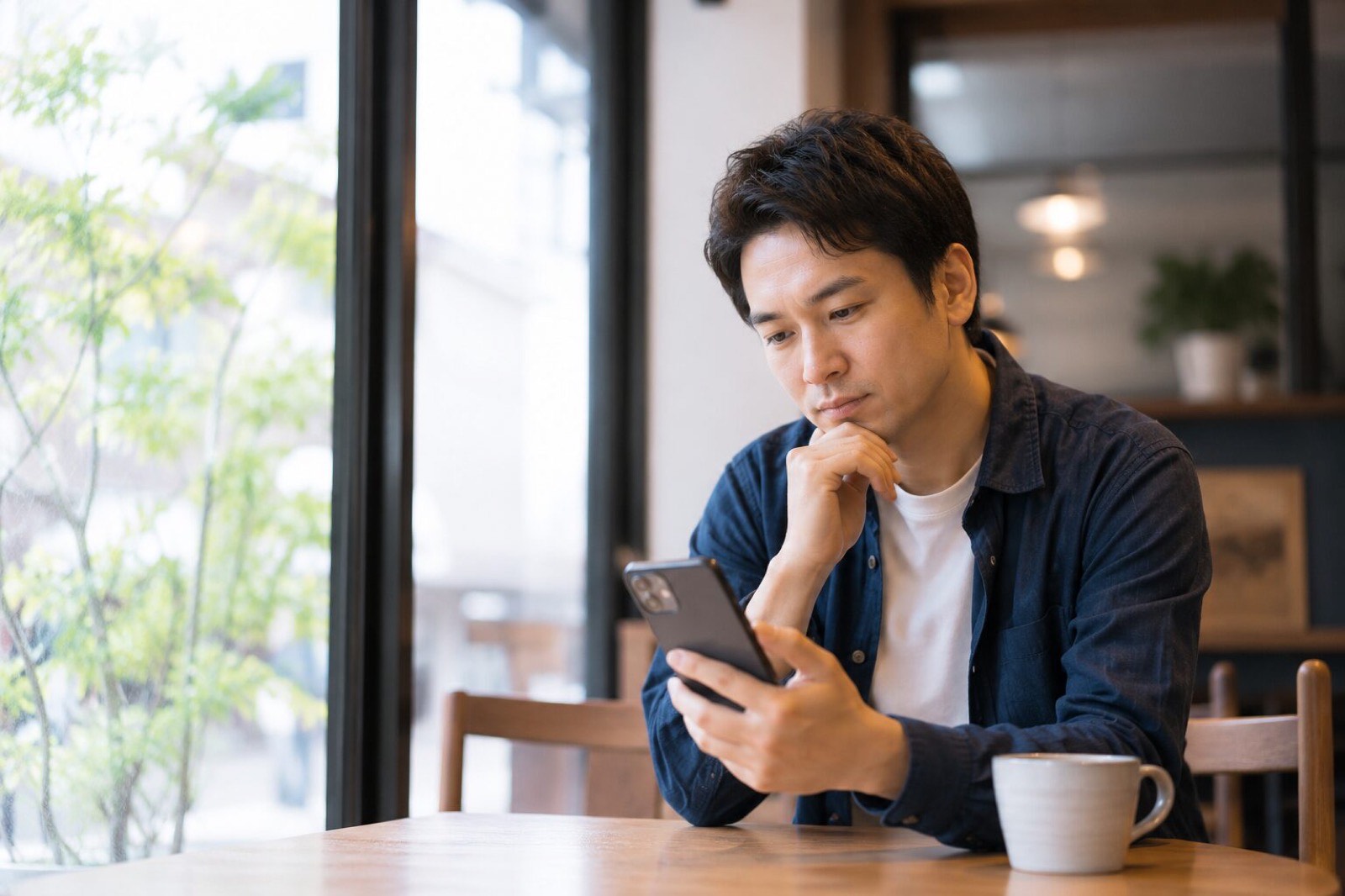 カフェでスマートフォンを見ながら婚活について考える30代男性のイメージ