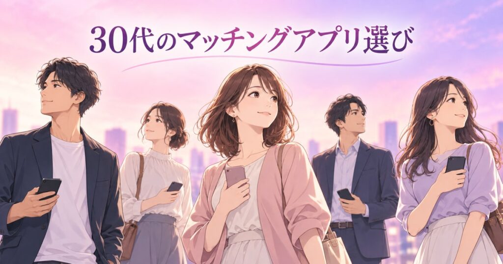 自分に合う婚活の場所を探す30代男女のイラスト