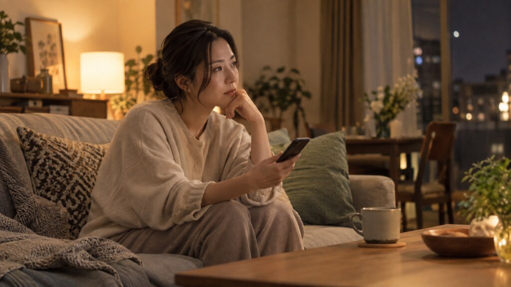 スマートフォンを手に考え込む30代女性