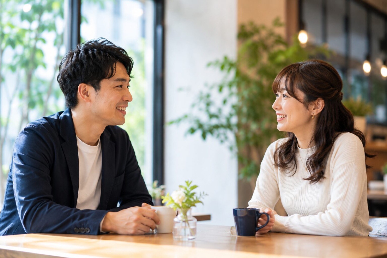 結婚相談所のお見合いでカフェにて笑顔で会話する男女のイメージ
