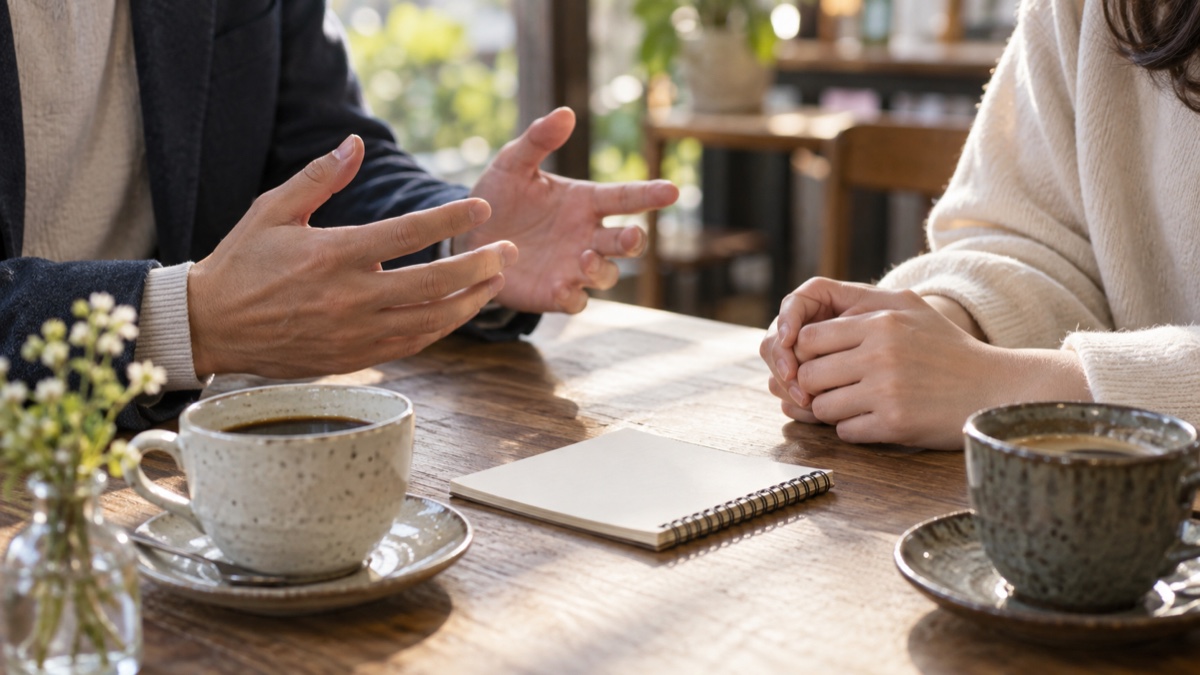 カフェで向かい合って会話する男女の手元とコーヒーカップ