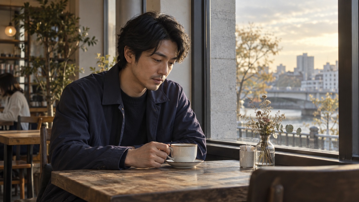 お見合い後にカフェで一人考え込む30代男性のイメージ