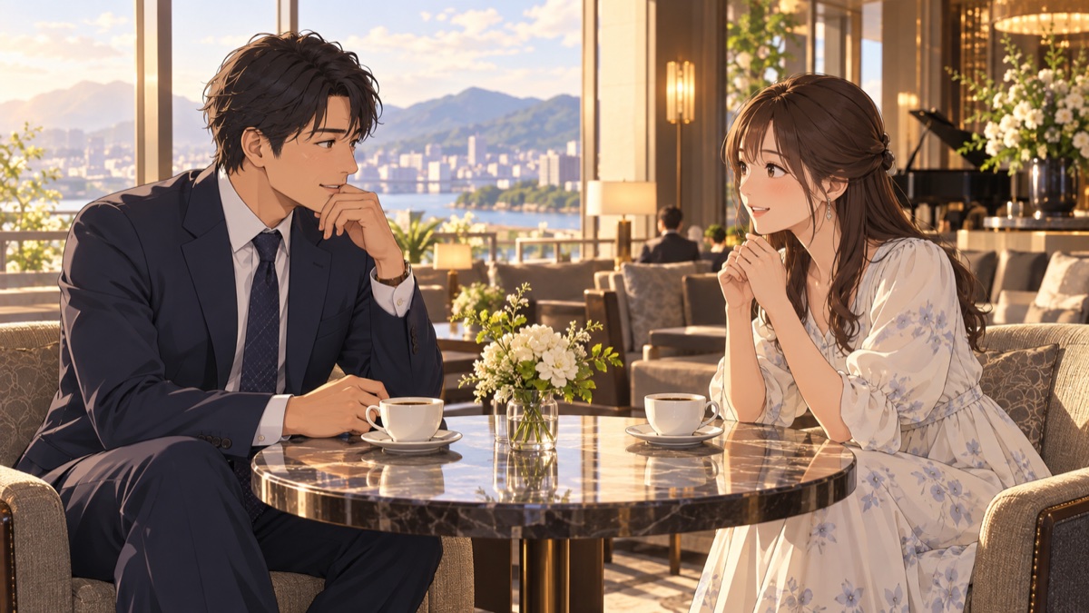 お見合いでカフェのテーブル越しに向かい合って話す30代の男女のイラスト