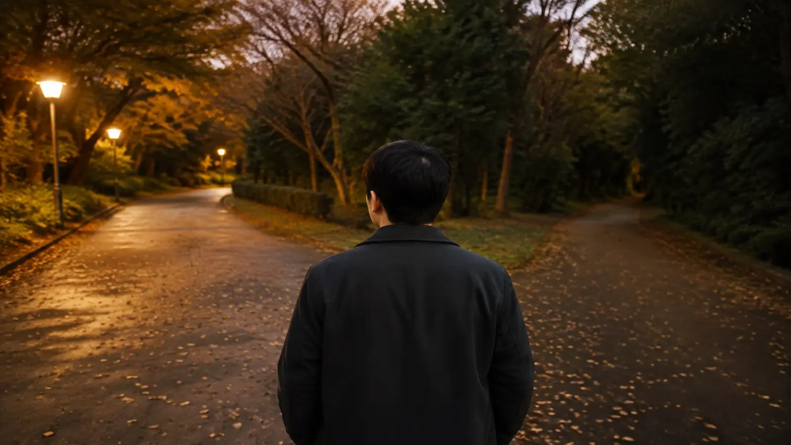 分かれ道の前で立ち止まって考える男性の後ろ姿