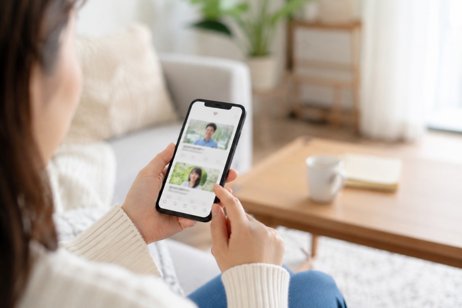 ソファでスマートフォンの婚活サービス画面を見ている女性
