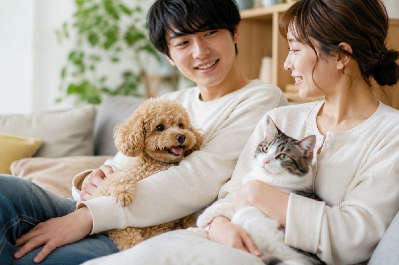 ソファで犬と猫を抱いて笑い合う男女