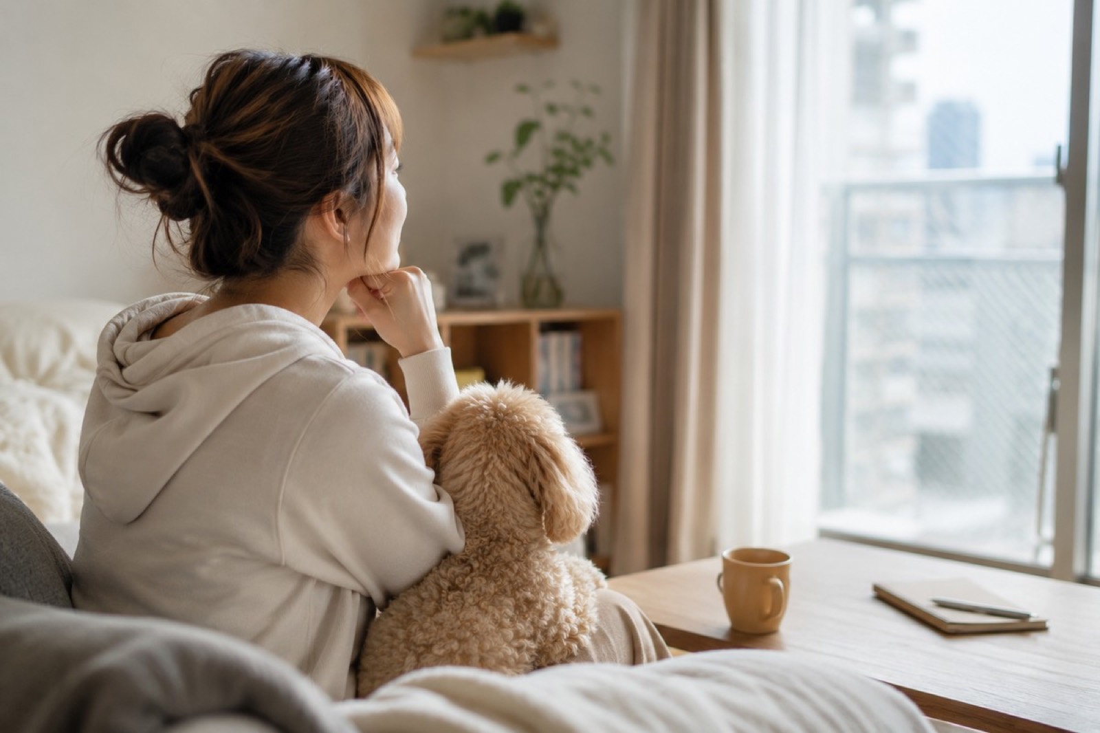 愛犬を抱いて窓の外を見ながら考えごとをする女性