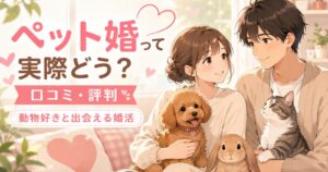 犬と猫を抱いて笑顔で寄り添うカップルのイラスト