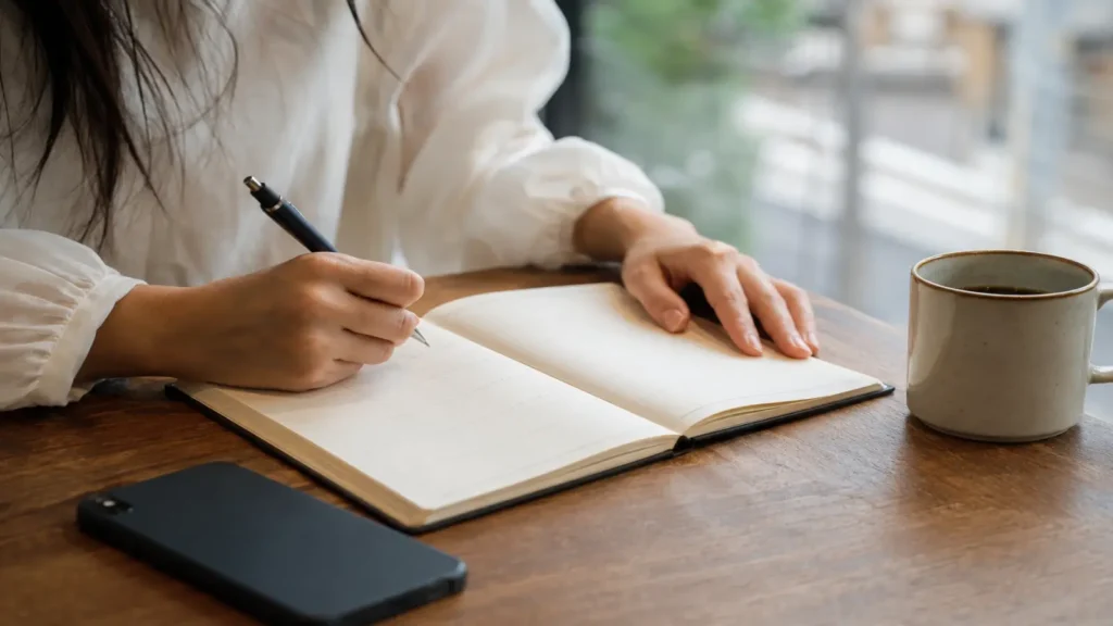 カフェのテーブルで手帳に予定を書き込む手元