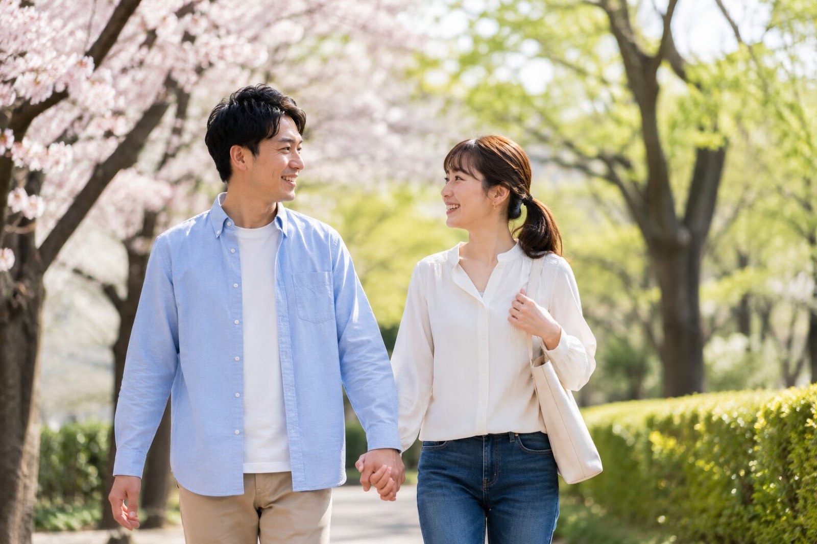 桜並木を手をつないで歩く幸せそうな30代カップルのイメージ