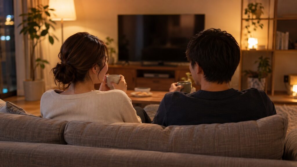 並んで座って話す夫婦の後ろ姿