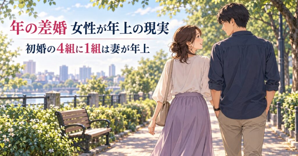 公園を歩く女性が少し年上の夫婦と年の差婚に関するタイトル