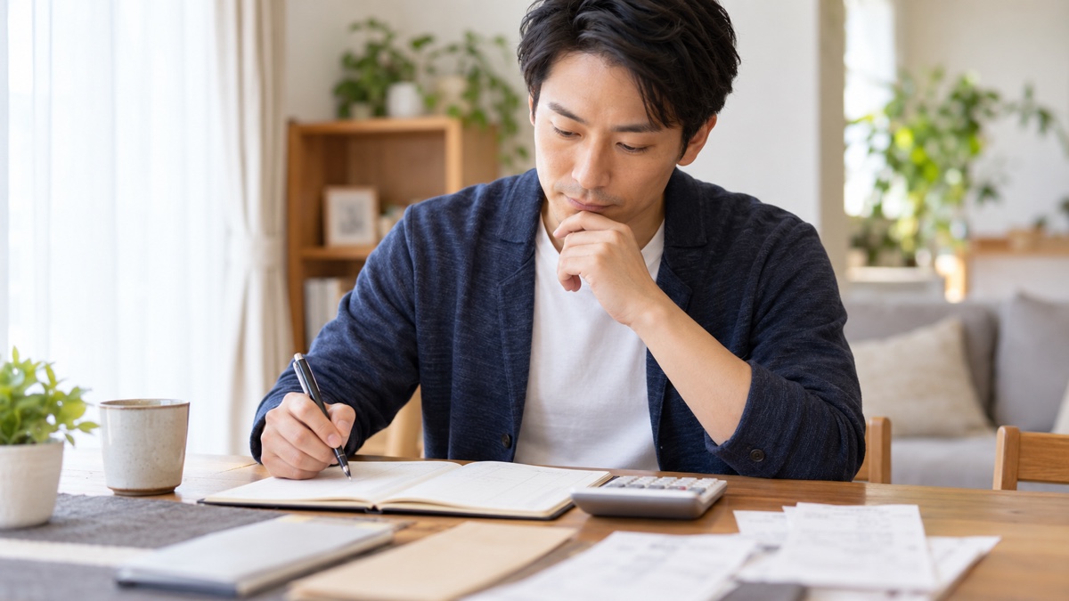 電卓と家計簿で結婚相談所の総額を計算する男性