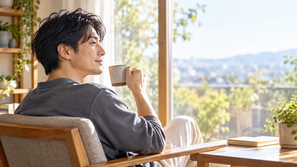休日に一人でコーヒーを飲みながらくつろぐ男性