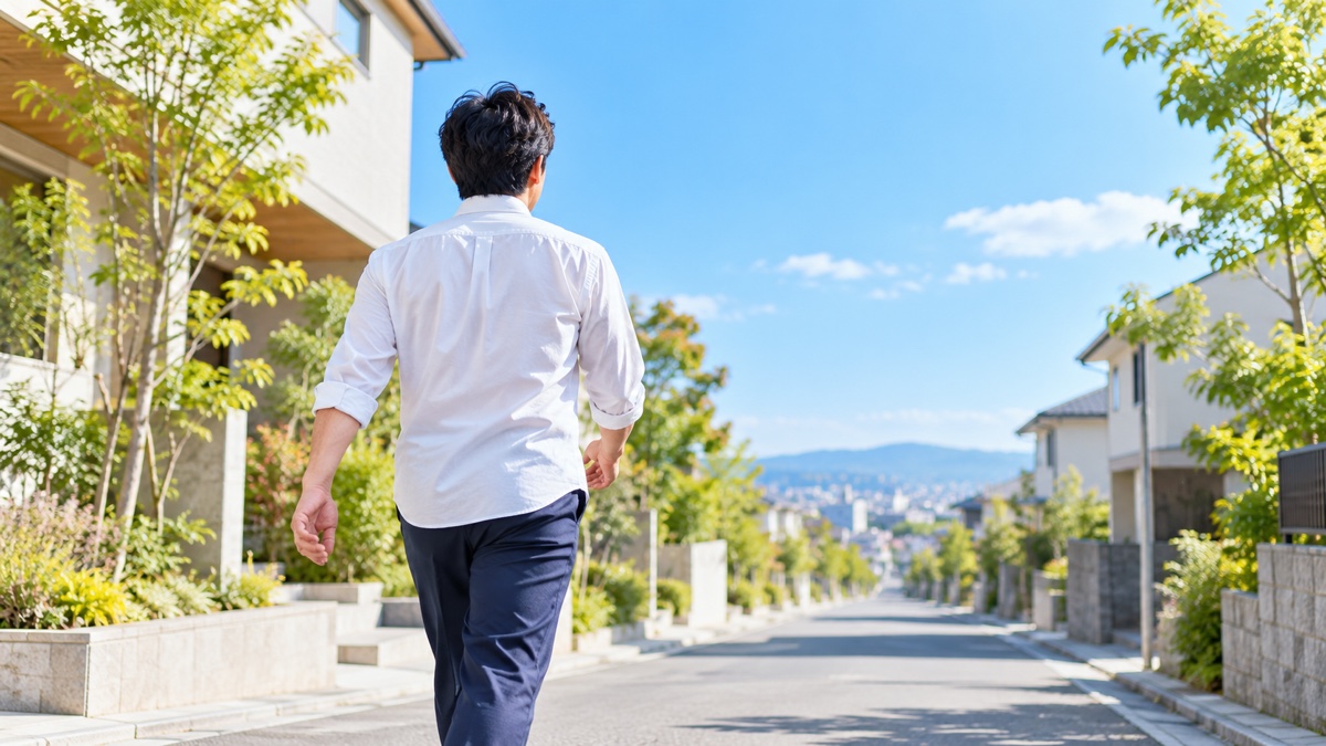 晴れた住宅街の道を前向きに歩き出す男性
