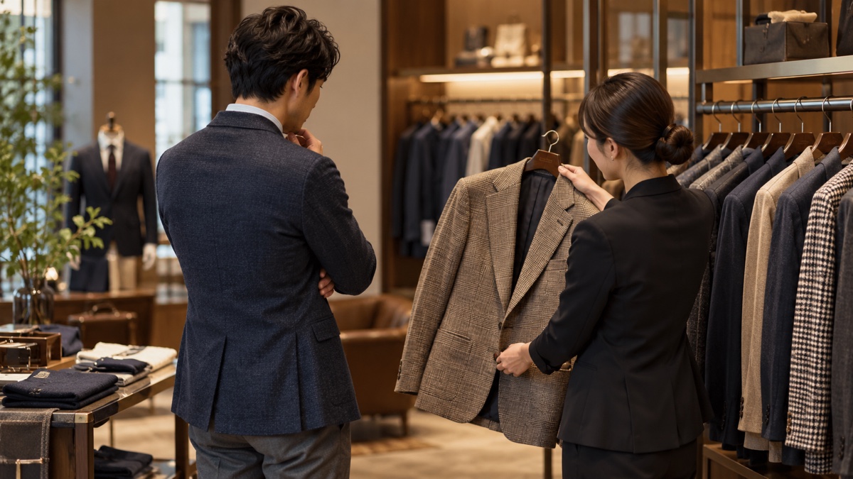 紳士服売り場でスタッフとジャケットを選ぶ男性