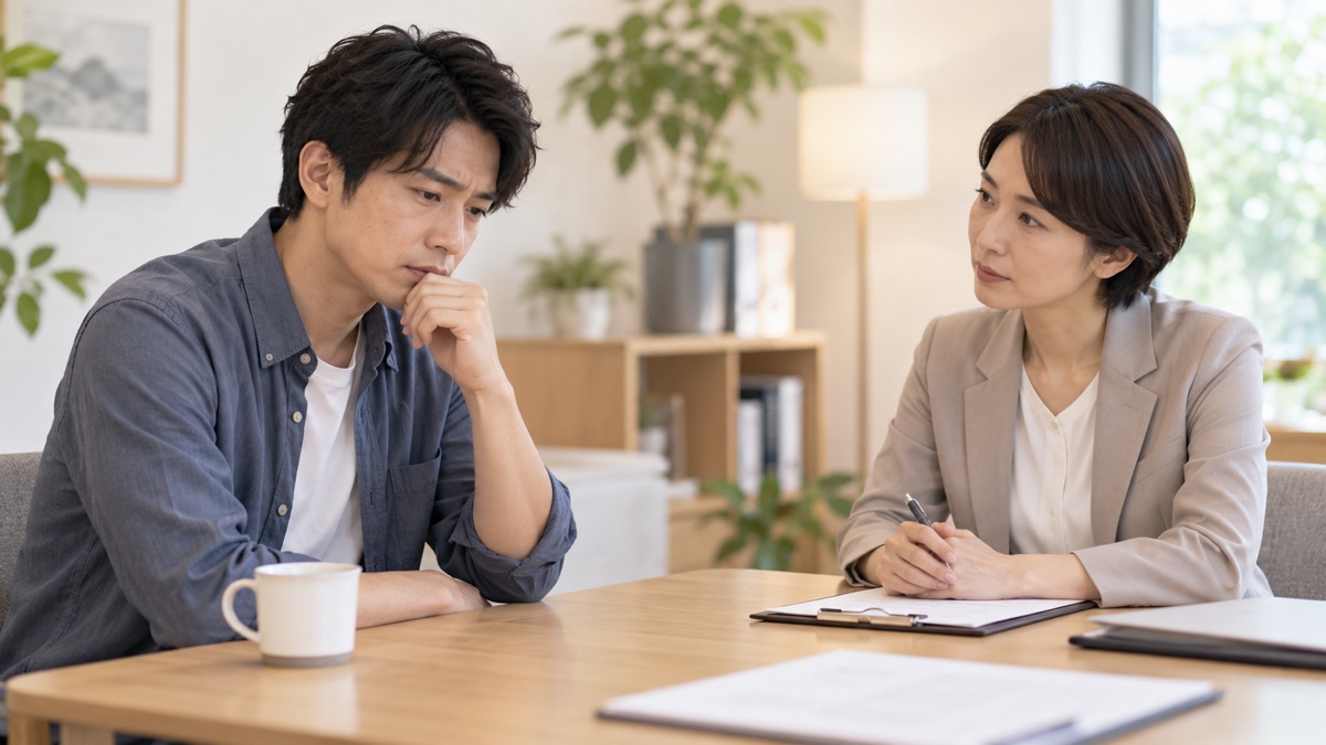 仲人との相談で少し困りながら考える男性