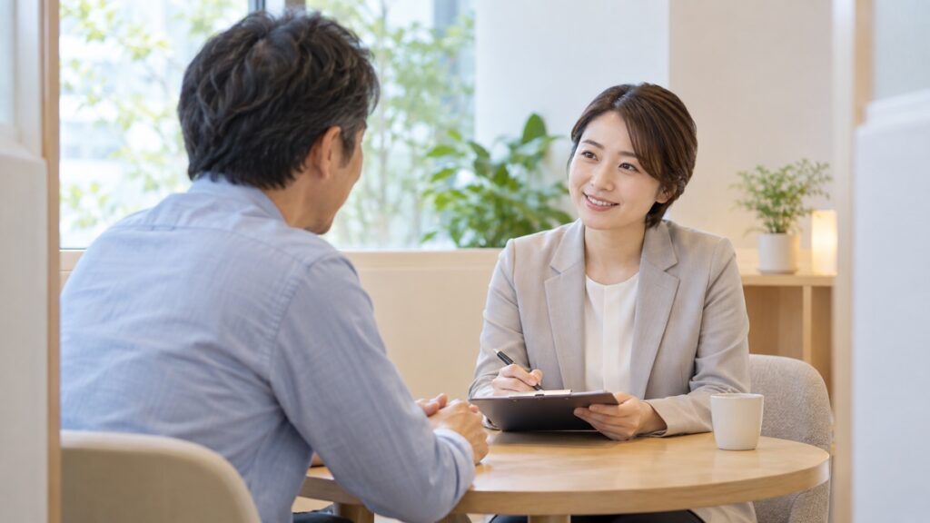 相談ブースでカウンセラーと向かい合って話を聞く様子