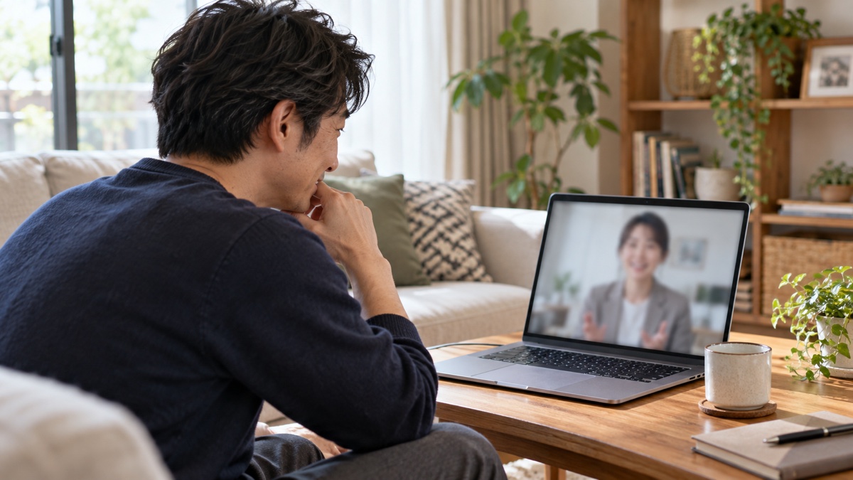 自宅からオンラインで無料相談を受ける男性