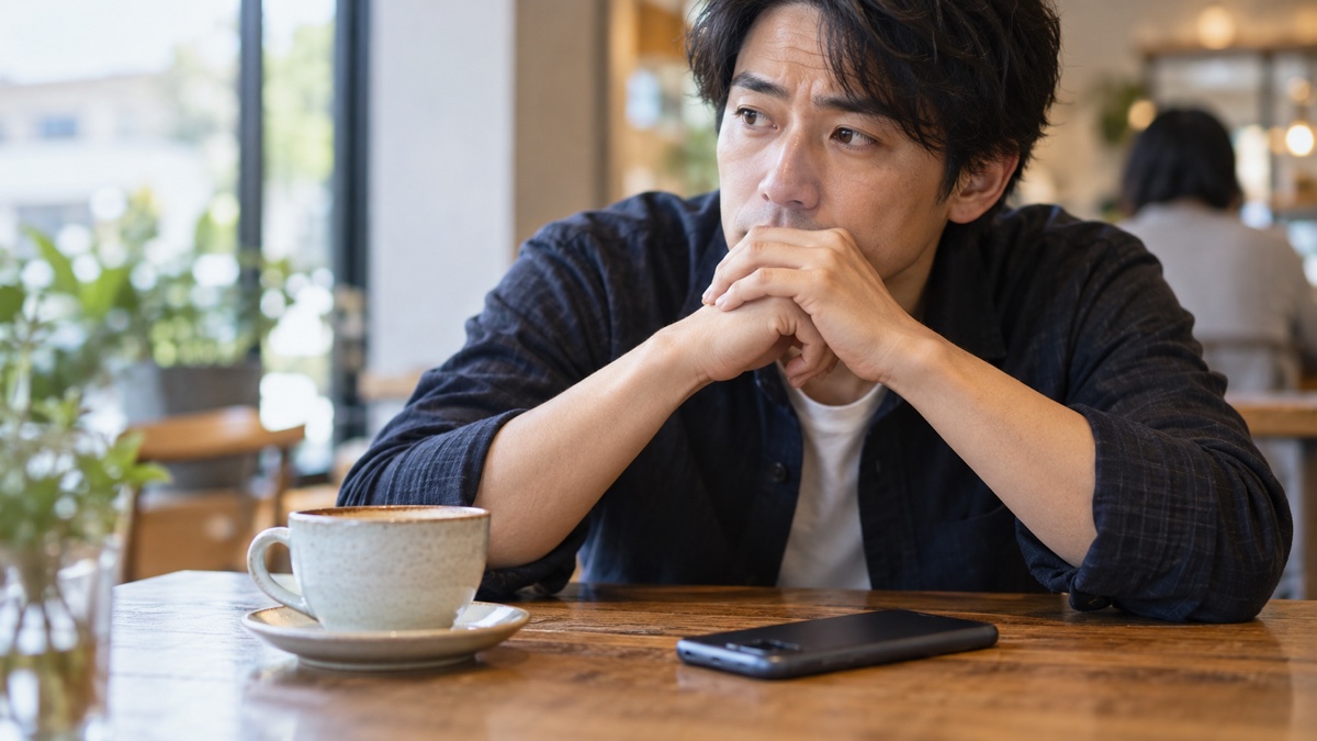 仮交際中の相手からの連絡を待ちながら考え込む男性の手元