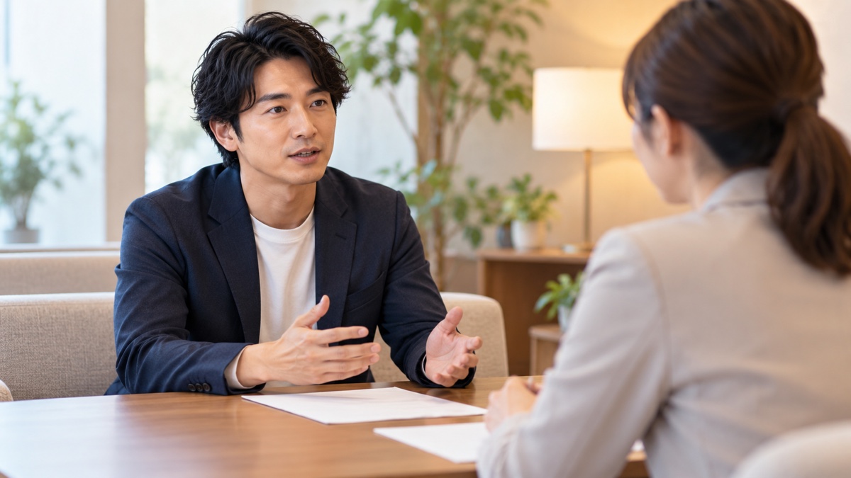 結婚相談所の担当者に仮交際終了の意思を伝える男性