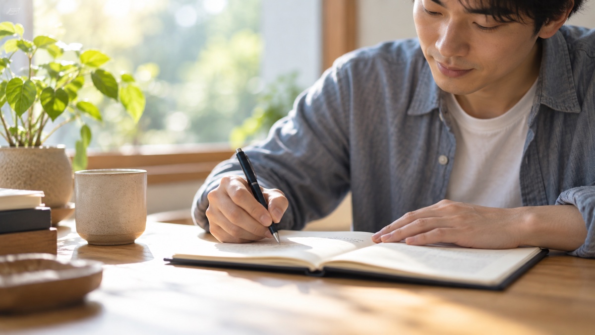 仮交際終了のあと次の活動に向けてノートに書き出す男性の手元