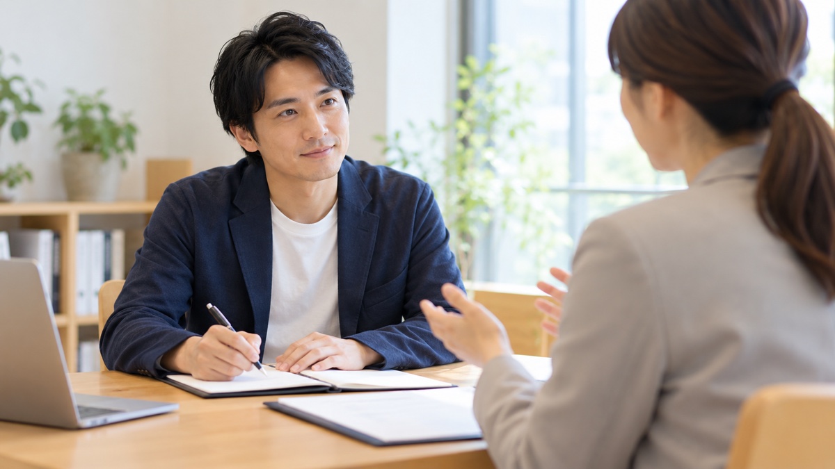 担当者との面談で断られた理由を聞きメモを取る男性