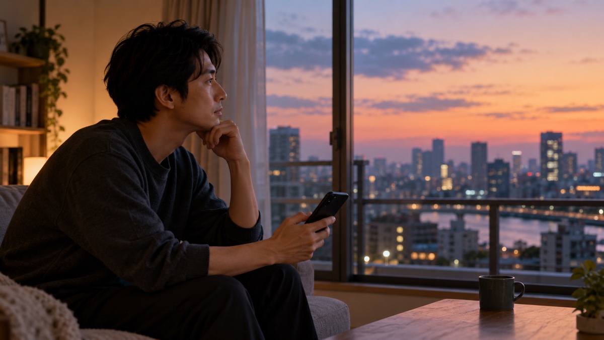 スマートフォンを手に相談所選びを考える日本人男性