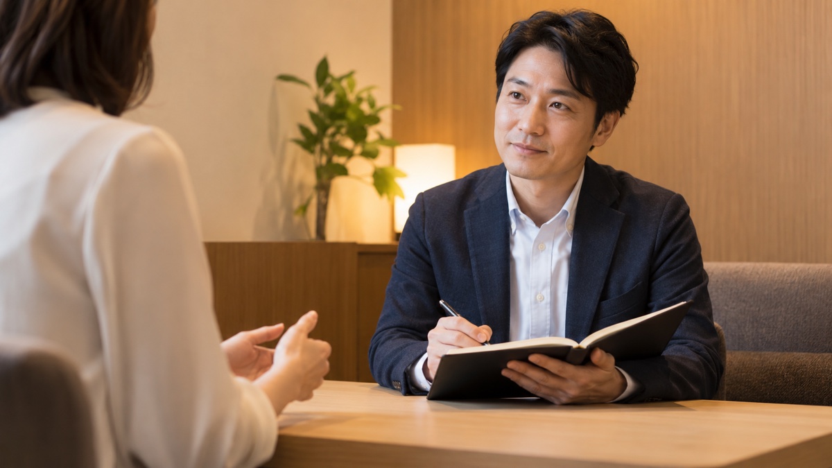 相談ブースでメモを取りながら話を聞く日本人男性