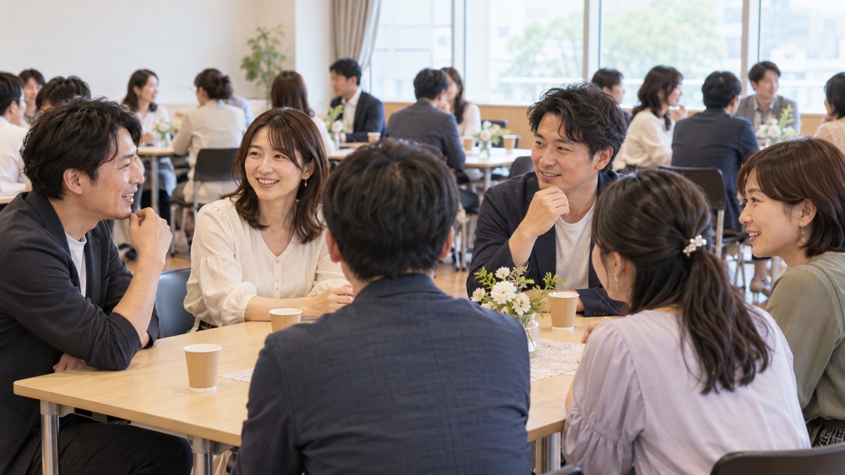 公民館の明るい多目的室で談笑する婚活交流会の日本人男女