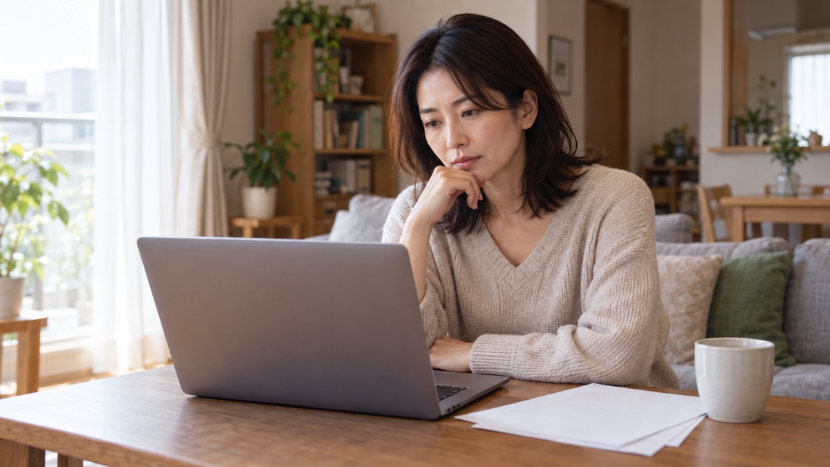 自宅でノートパソコンを見ながら婚活支援への登録を検討する日本人女性