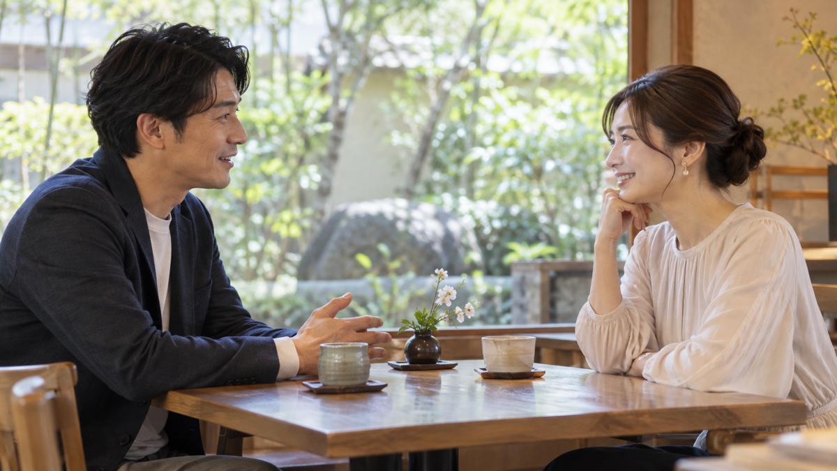 日本のカフェで穏やかに話す初対面の日本人男女