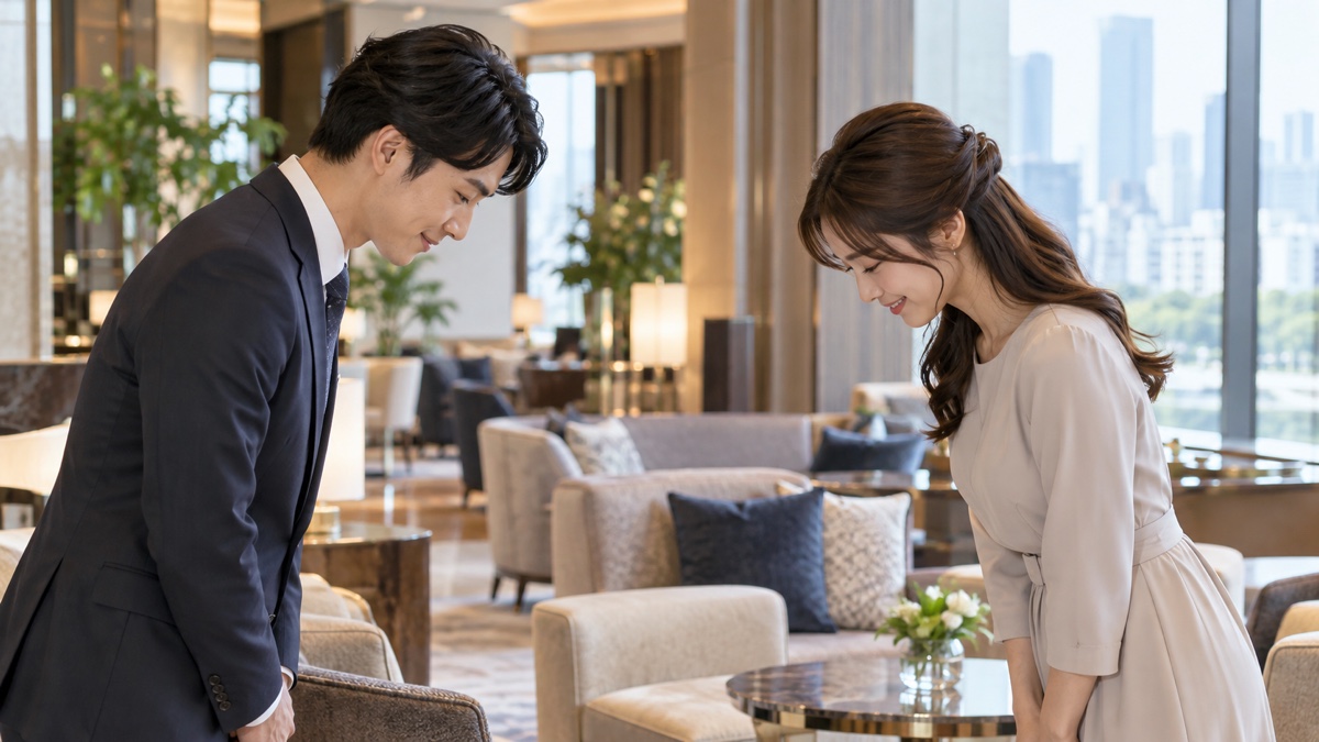 日本のホテルラウンジで初対面のあいさつをする30代の日本人男女