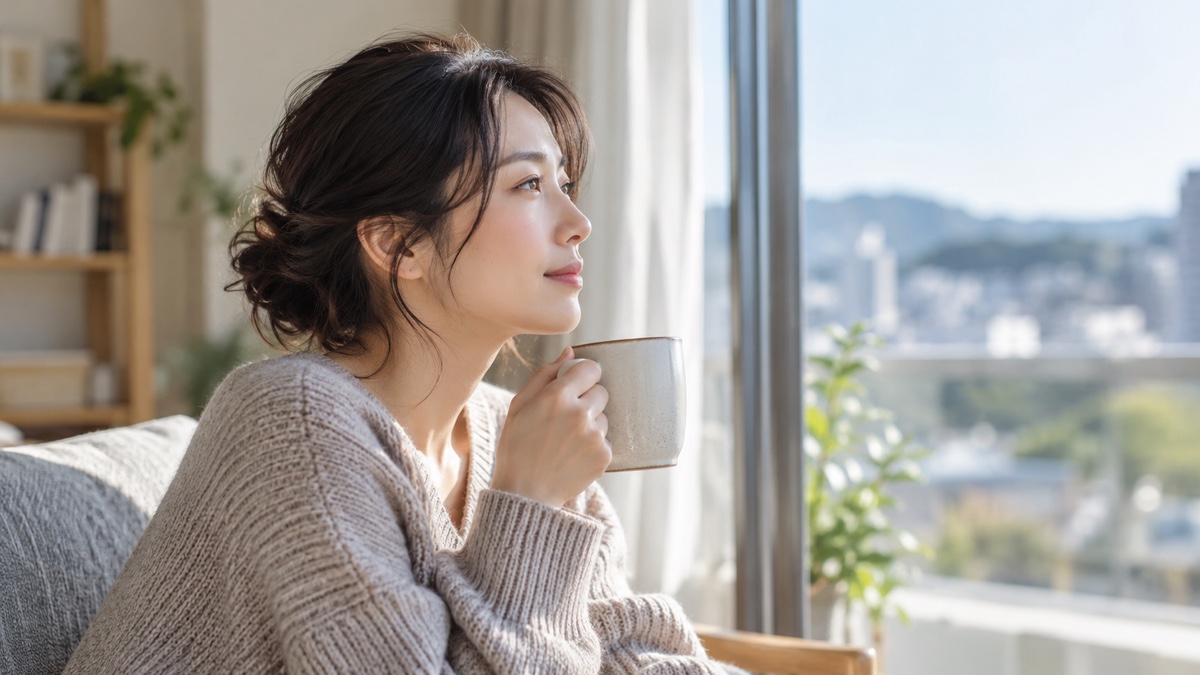 日本の自宅の窓辺でマグカップを持って考える30代の日本人女性