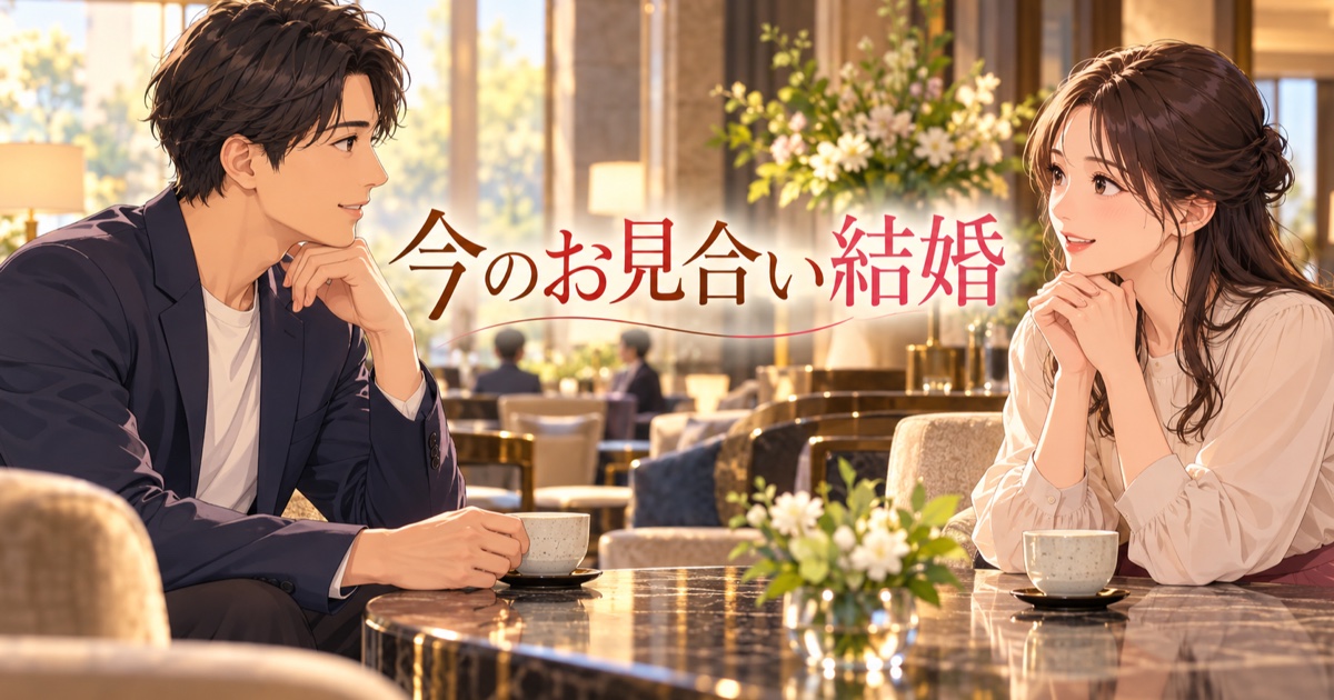日本のホテルラウンジで穏やかに会話する30代の日本人男女のイラスト