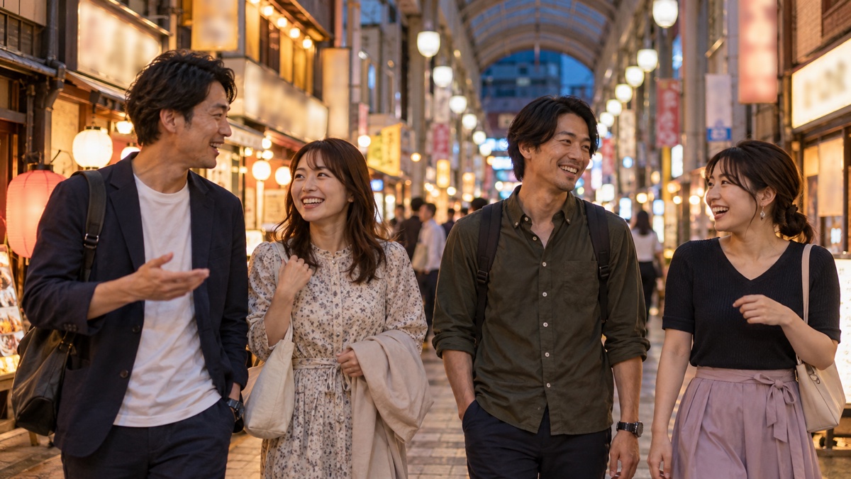 夕方の商店街を歩く日本人の若い男女のグループ