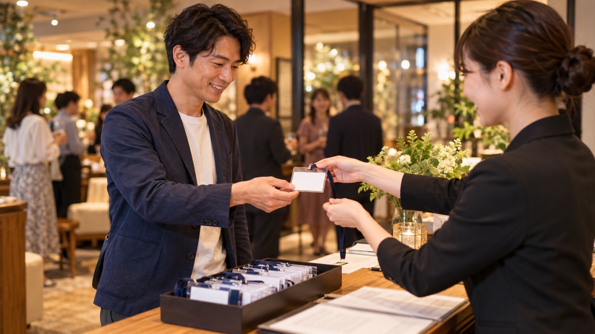イベント会場の受付に一人で来た日本人男性