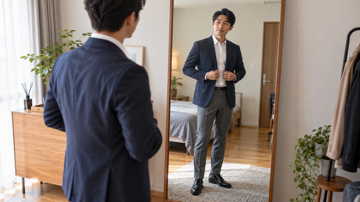 きれいめなジャケットスタイルを鏡で確認する日本人男性