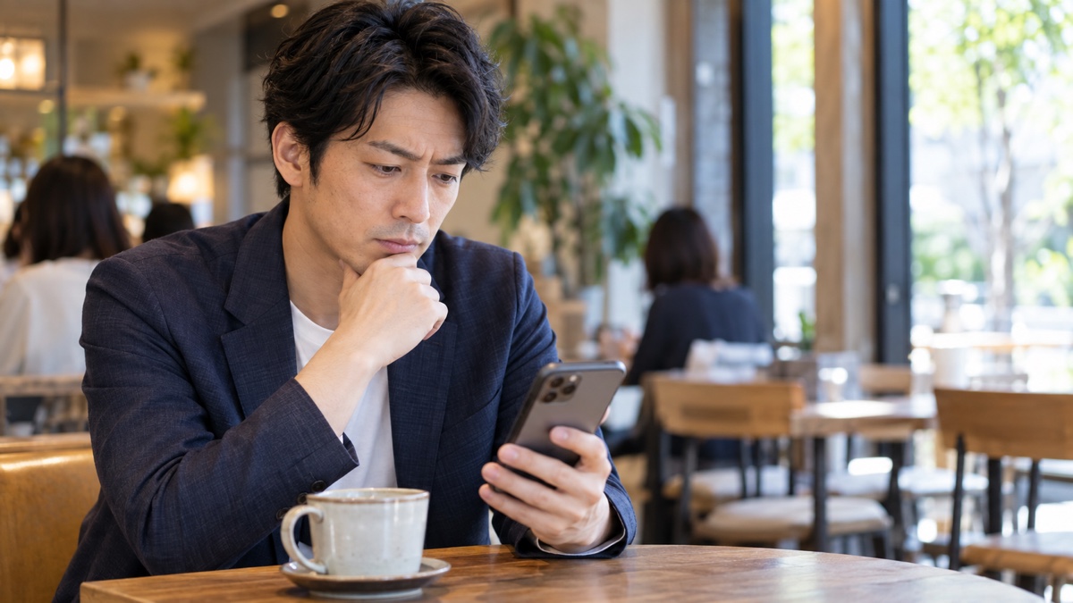 スマホでイベント一覧を見比べる日本人男性
