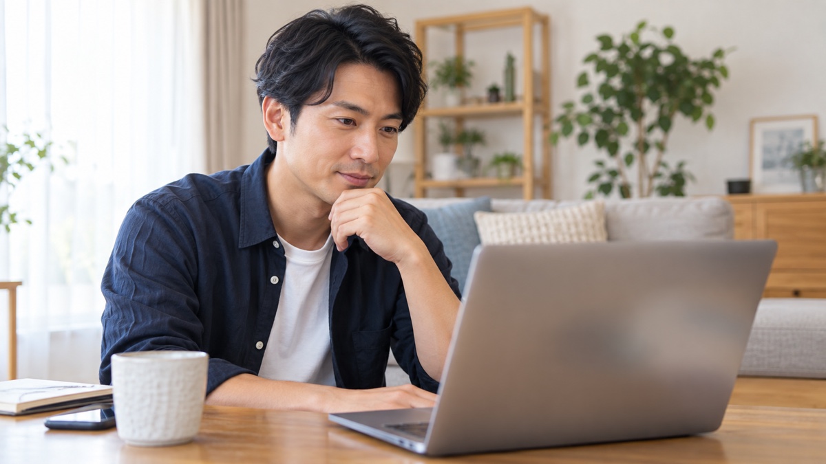 自宅からオンラインで相談する日本人男性