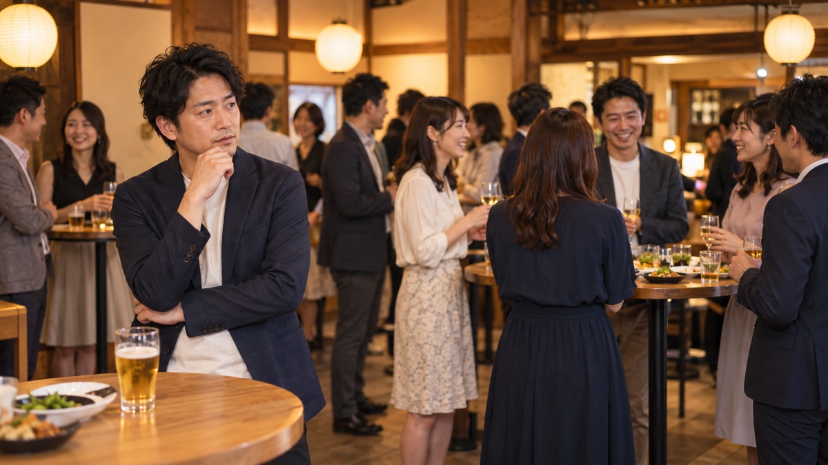立食の街コン会場で少し所在なげに立つ日本人男性