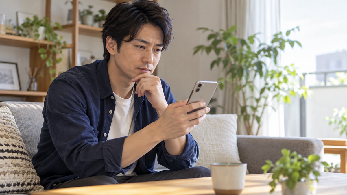 自宅で街コンの申し込み内容をスマホで確認する日本人男性