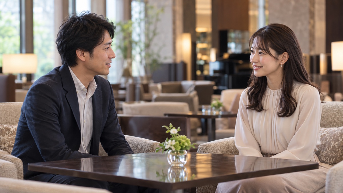 日本のホテルラウンジで1対1で穏やかに話す日本人男女