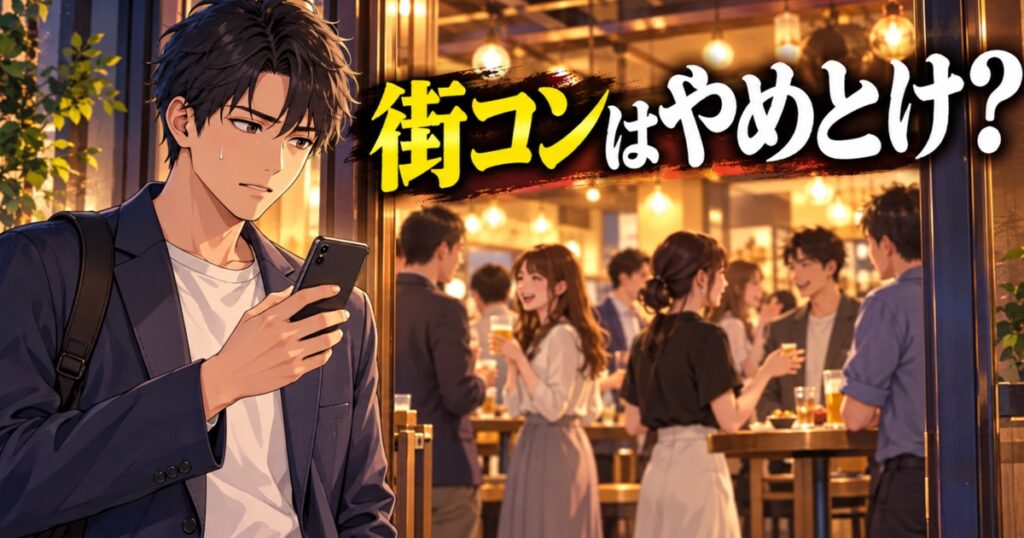 街コン会場の入口で参加前にスマホを確認する日本人男性のイラスト